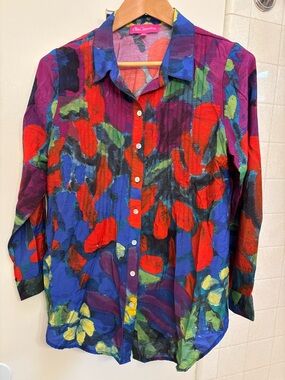 Claire Desjardins Red Abstract Button Shirt Size Medium Wacky Spring Art to Wear